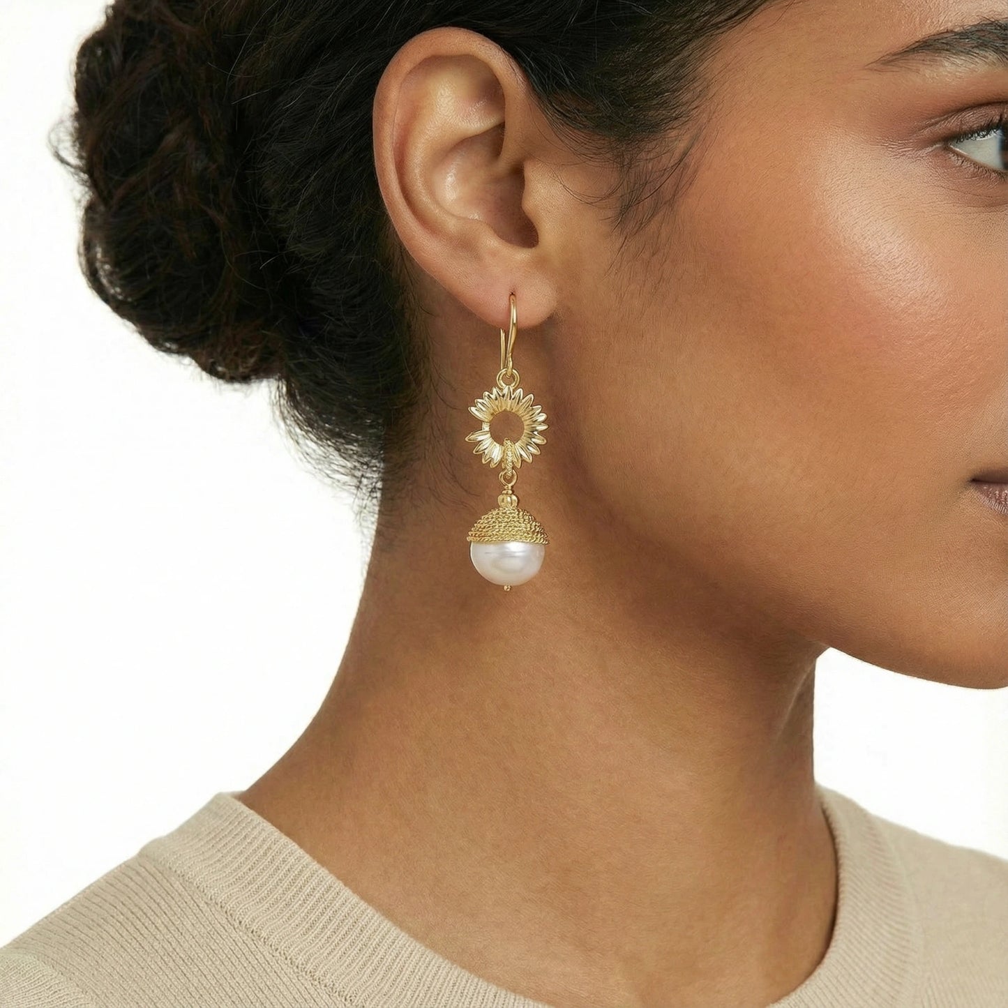 Ridged Medallion & Baroque Pearl Hook Earrings