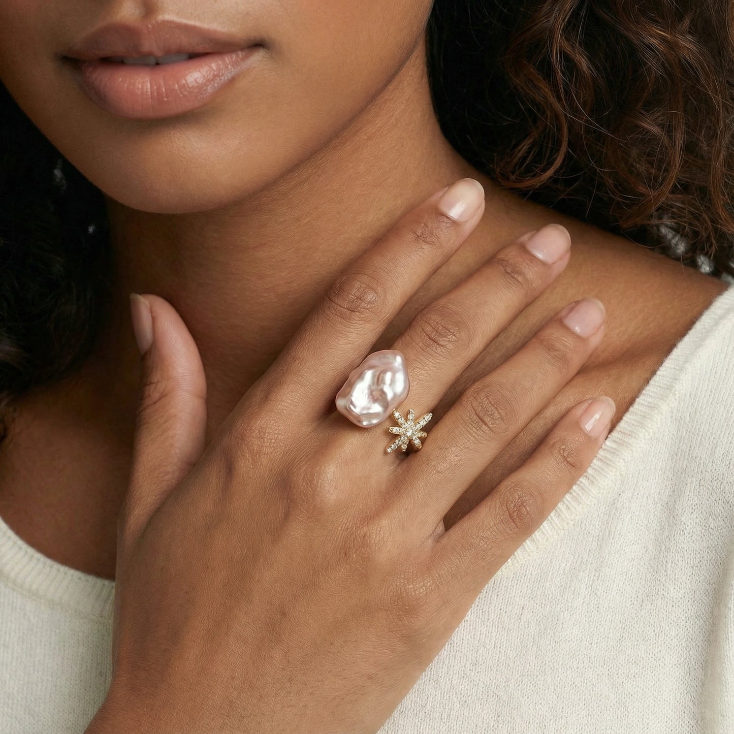 Pink Baroque Pearl & Star Open Ring, Adjustable