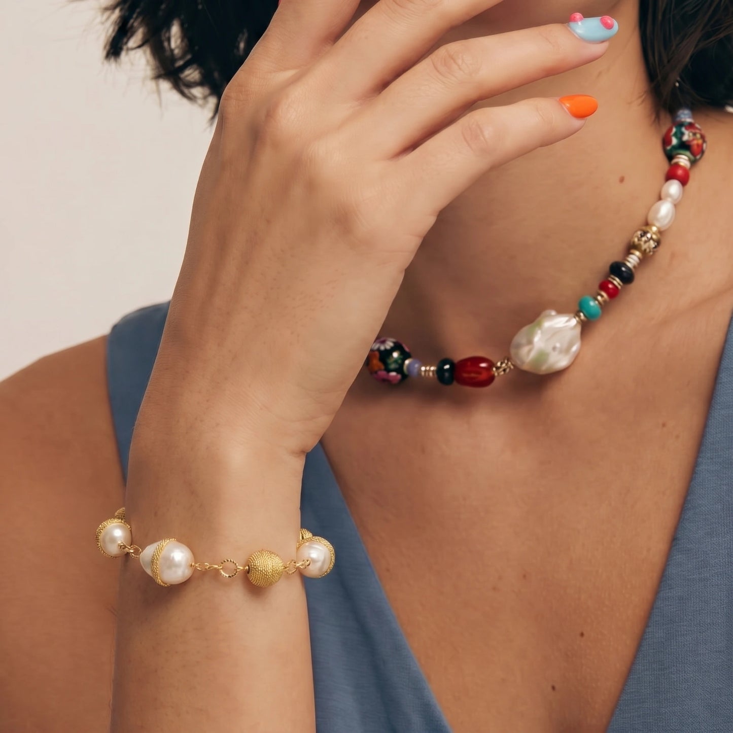Baroque Pearl & Mesh Link Bracelet, Adjustable