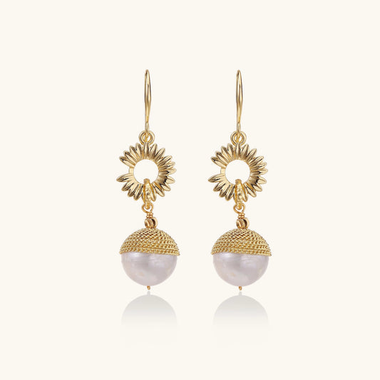 Ridged Medallion & Baroque Pearl Hook Earrings
