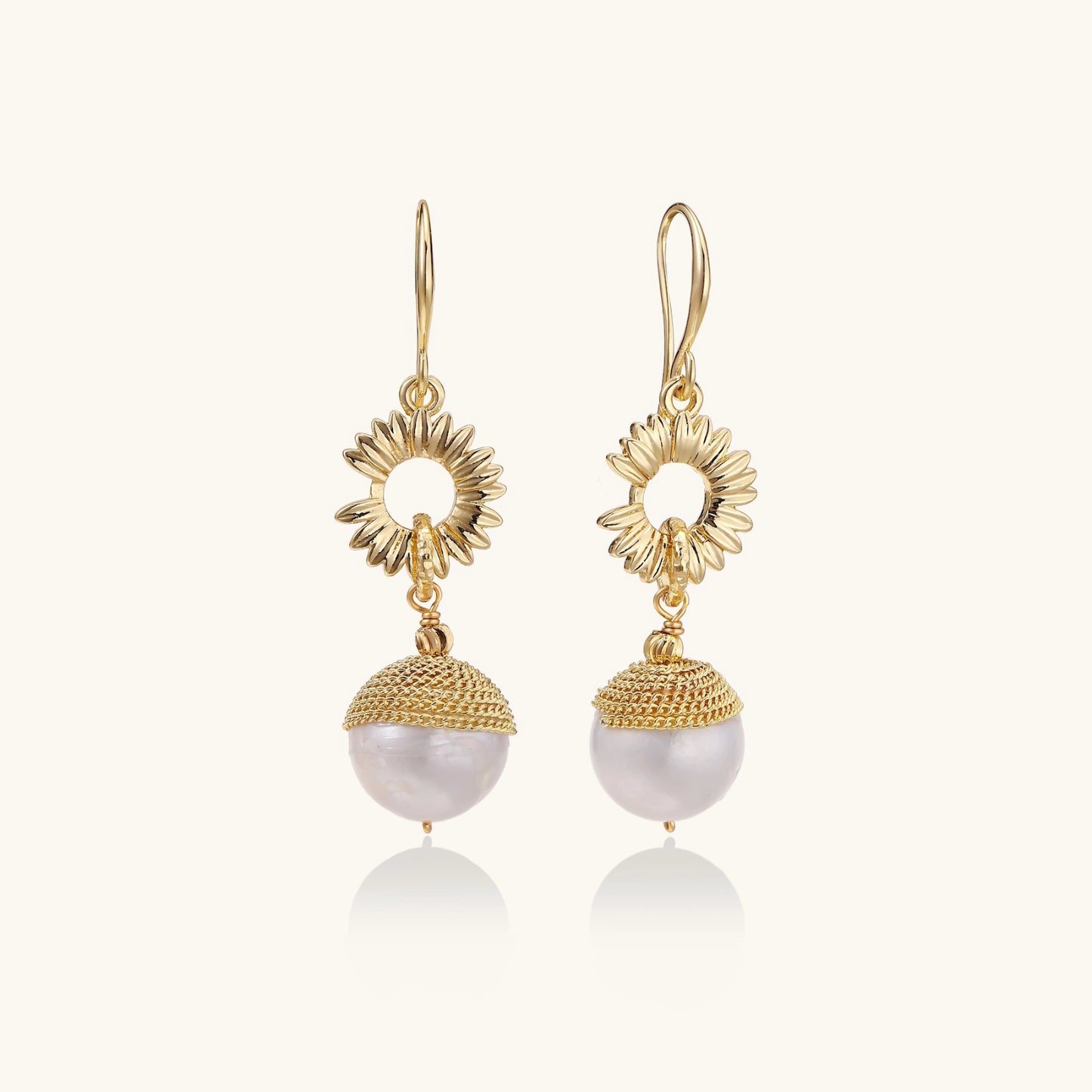 Ridged Medallion & Baroque Pearl Hook Earrings
