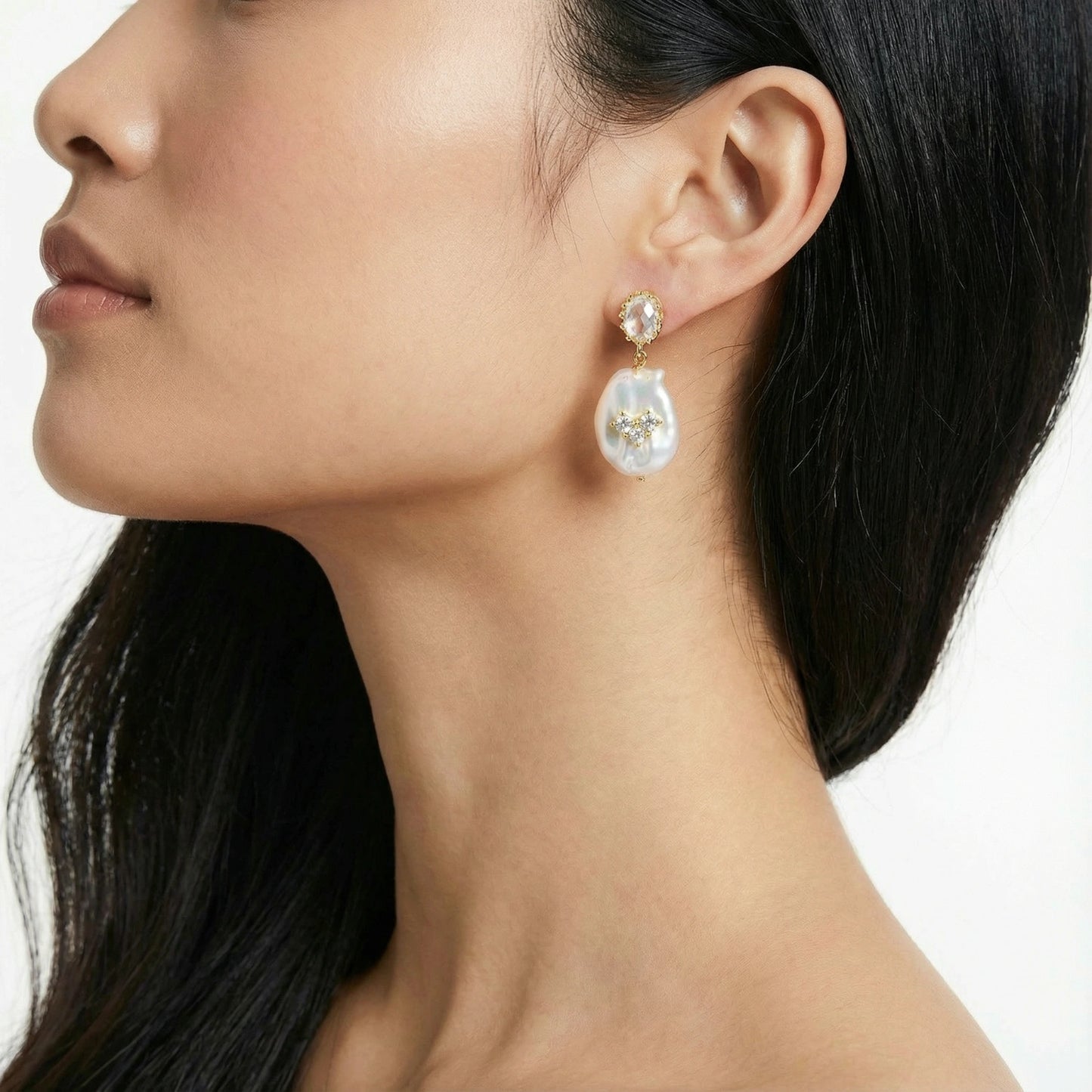 Iridescent Baroque Pearl & Crystal Drop Earrings