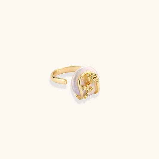 Baroque Pearl & Flower Open Ring, Adjustable