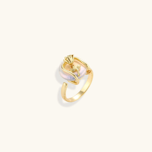 Baroque Pearl & Flower Open Ring, Adjustable