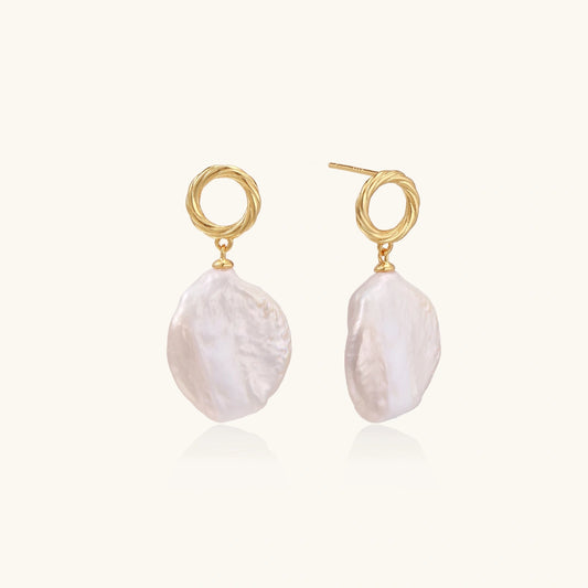 Flat Baroque Coin Pearl Drop Earrings, Gold Vermeil