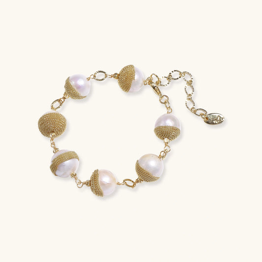 Baroque Pearl & Mesh Link Bracelet, Adjustable