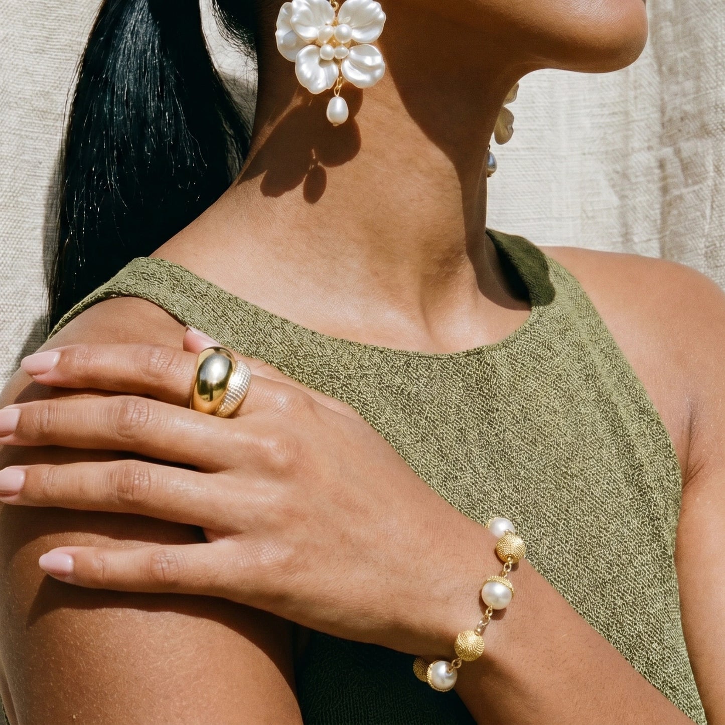 Baroque Pearl & Mesh Link Bracelet, Adjustable