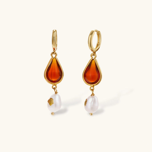 Amber Resin & Baroque Pearl Drop Earrings