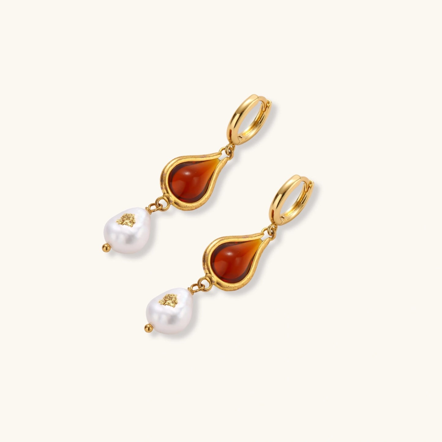 Amber Resin & Baroque Pearl Drop Earrings