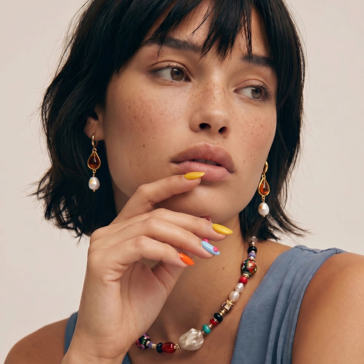 Amber Resin & Baroque Pearl Drop Earrings