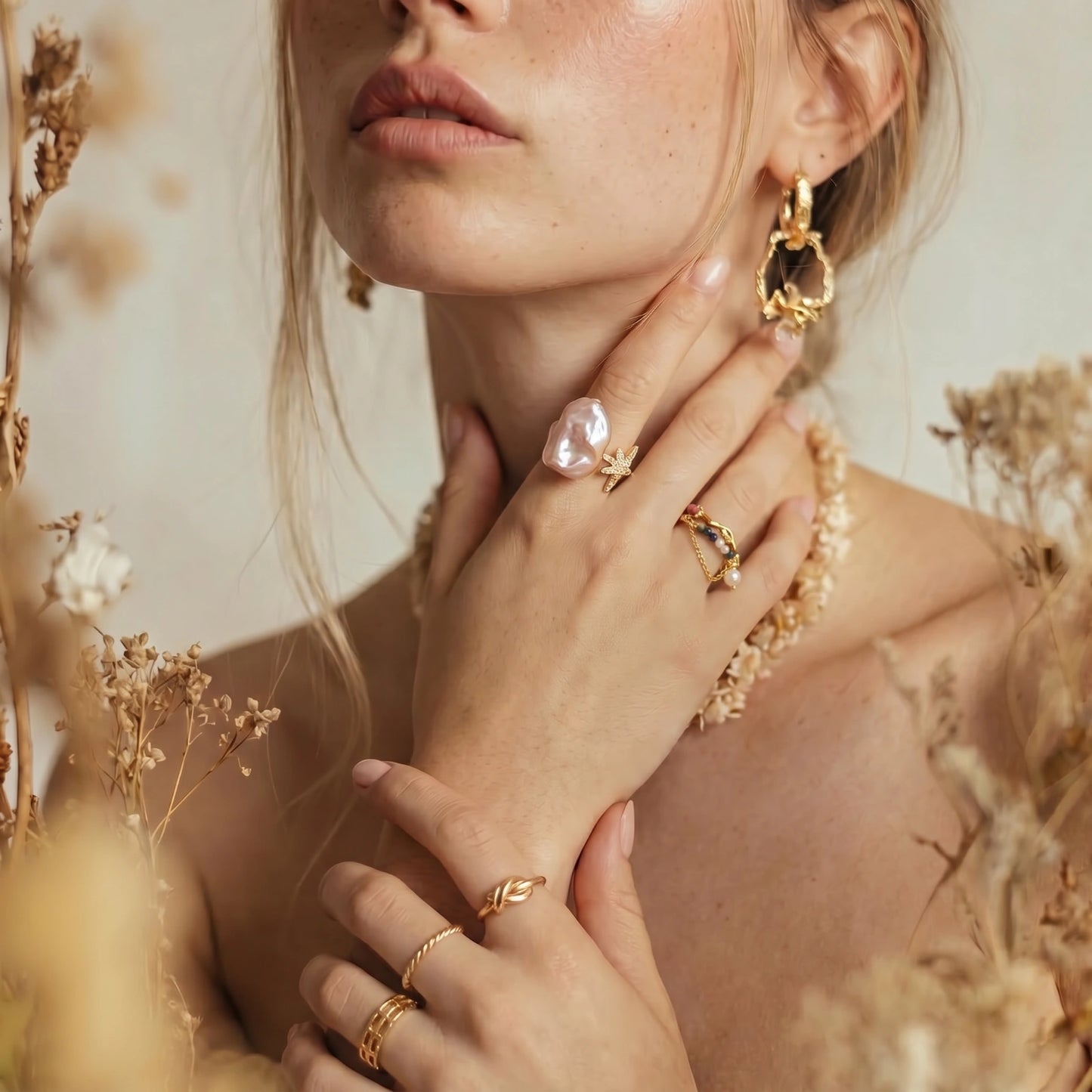 Pink Baroque Pearl & Star Open Ring, Adjustable