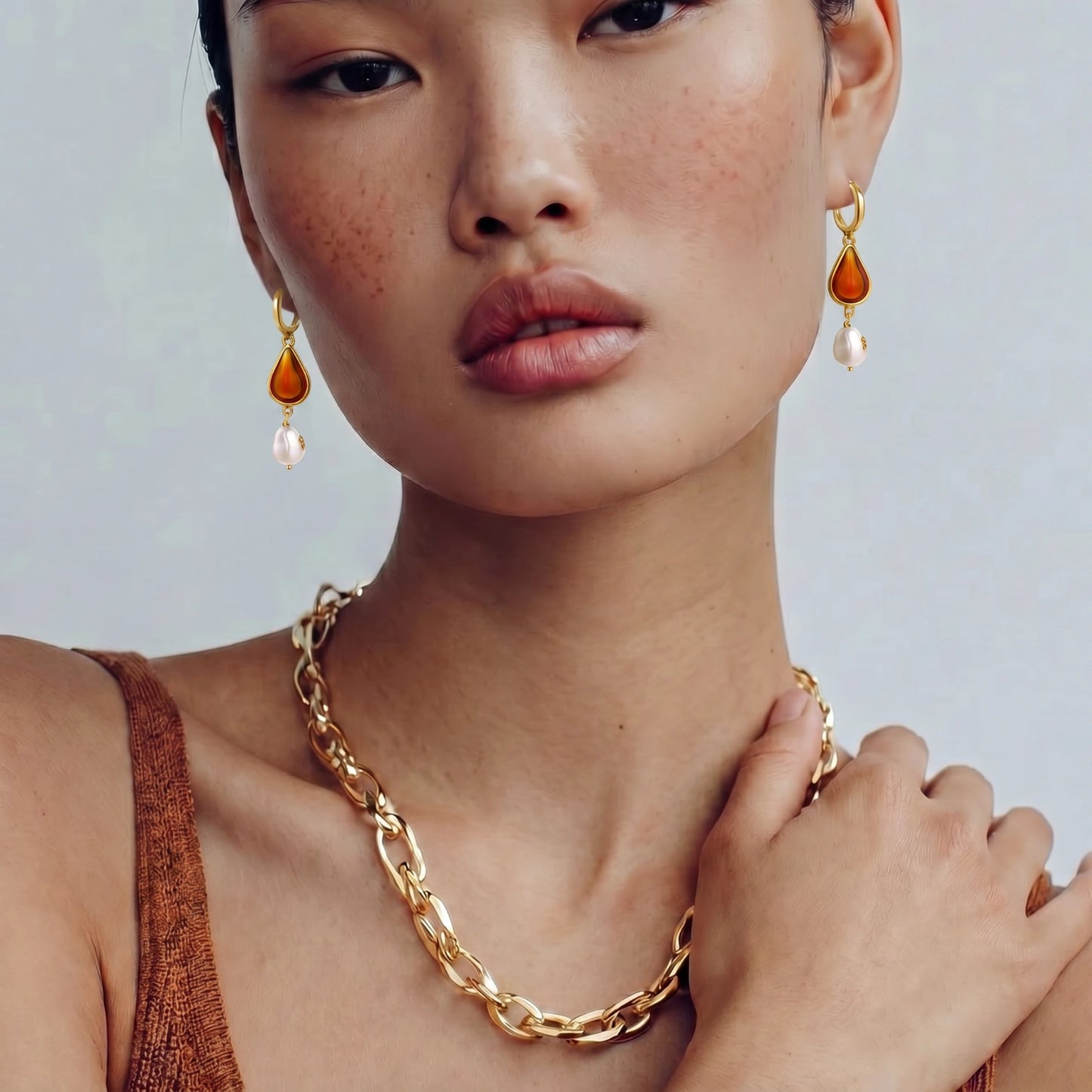 Amber Resin & Baroque Pearl Drop Earrings